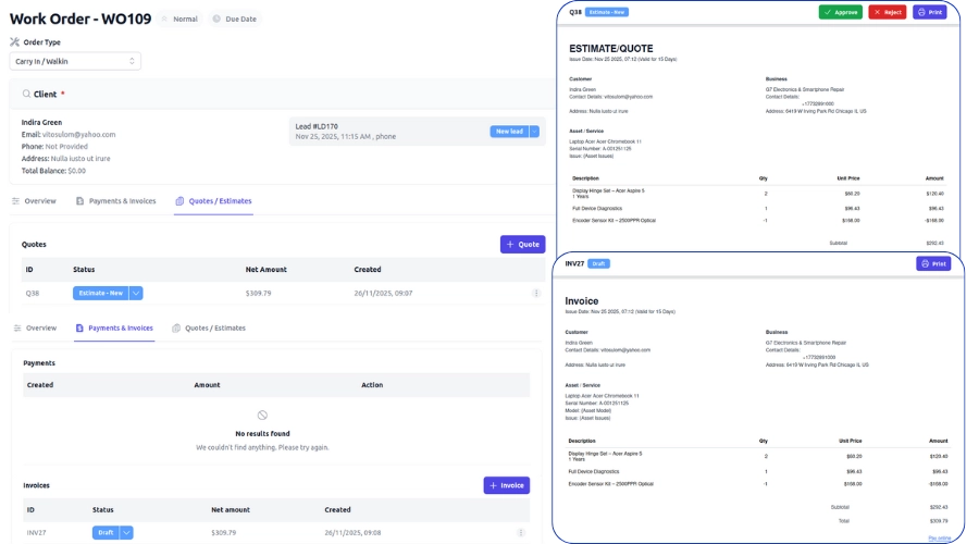 Integrated quotes and estimates inside work order management software